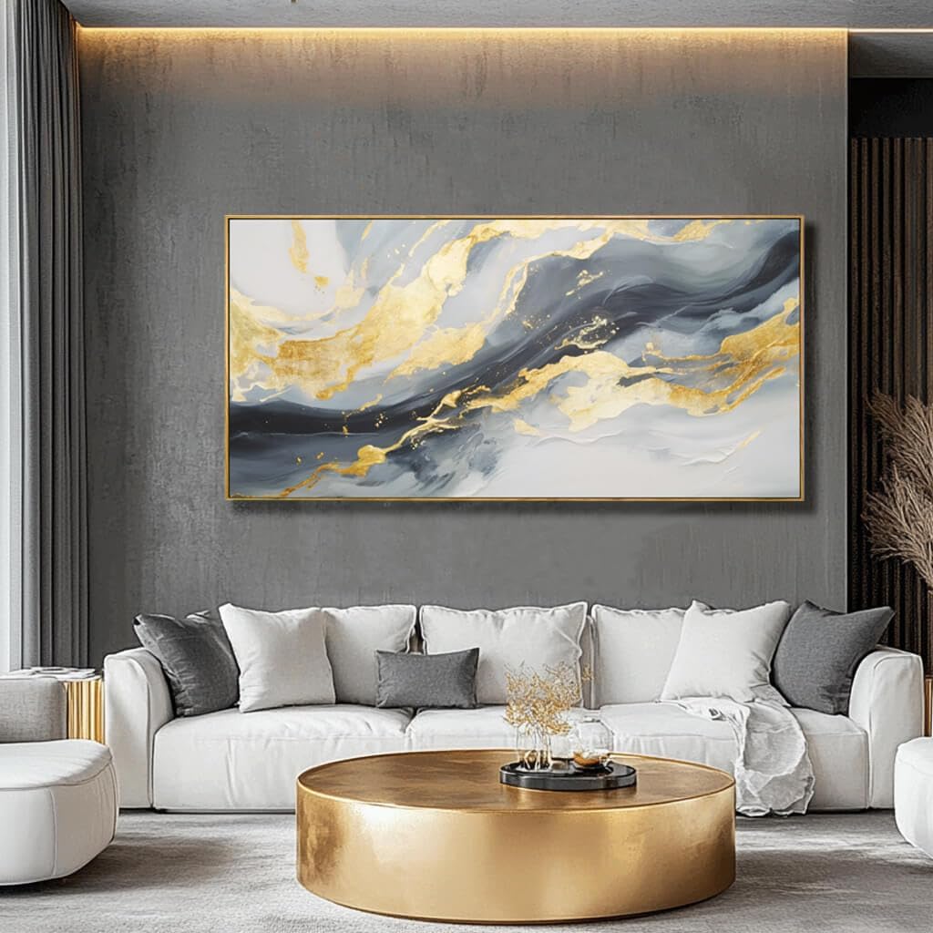 Framed Canvas Pictures Gold Wall Art Abstract Wall Art Blue Decor Metal Arts Large Prints Picture 24"x48" Artwork