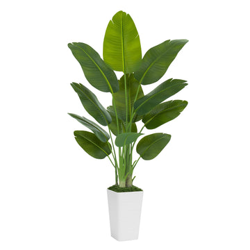 Lifelike Bird of Paradise Artificial Plant 6ft Faux Banana Leaf TRE with White Tall Wavy-Textured Planter Decor