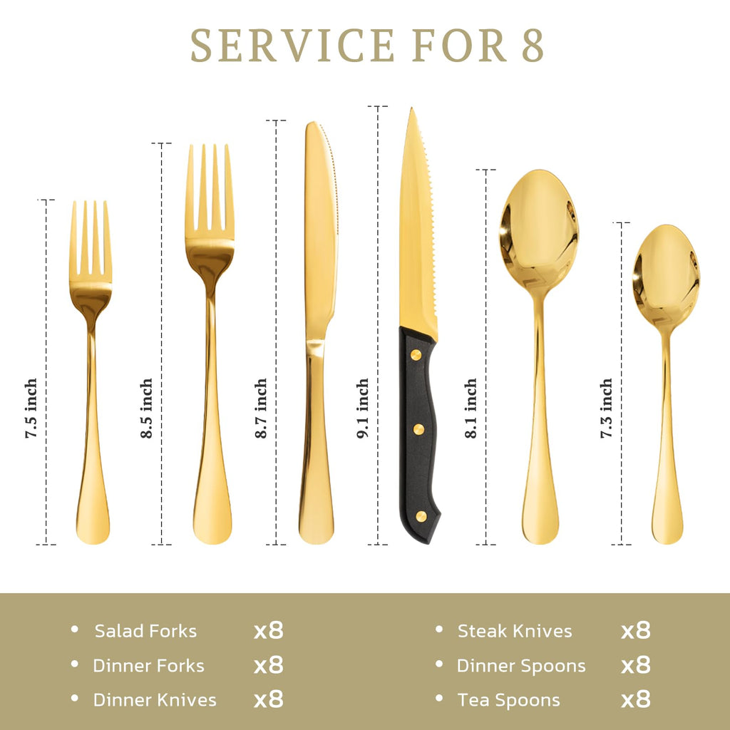 Silverware Set 48-Piece Gold Flatware Set with Steak Knives Food-Grade Stainless Steel Cutlery Set for 8 Mirror