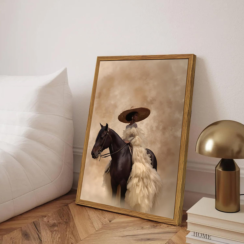 Framed Western Cowgirl Wall Art, Fashion Black Girl Riding Horse Canvas Wall Decor Painting, Black Woman African