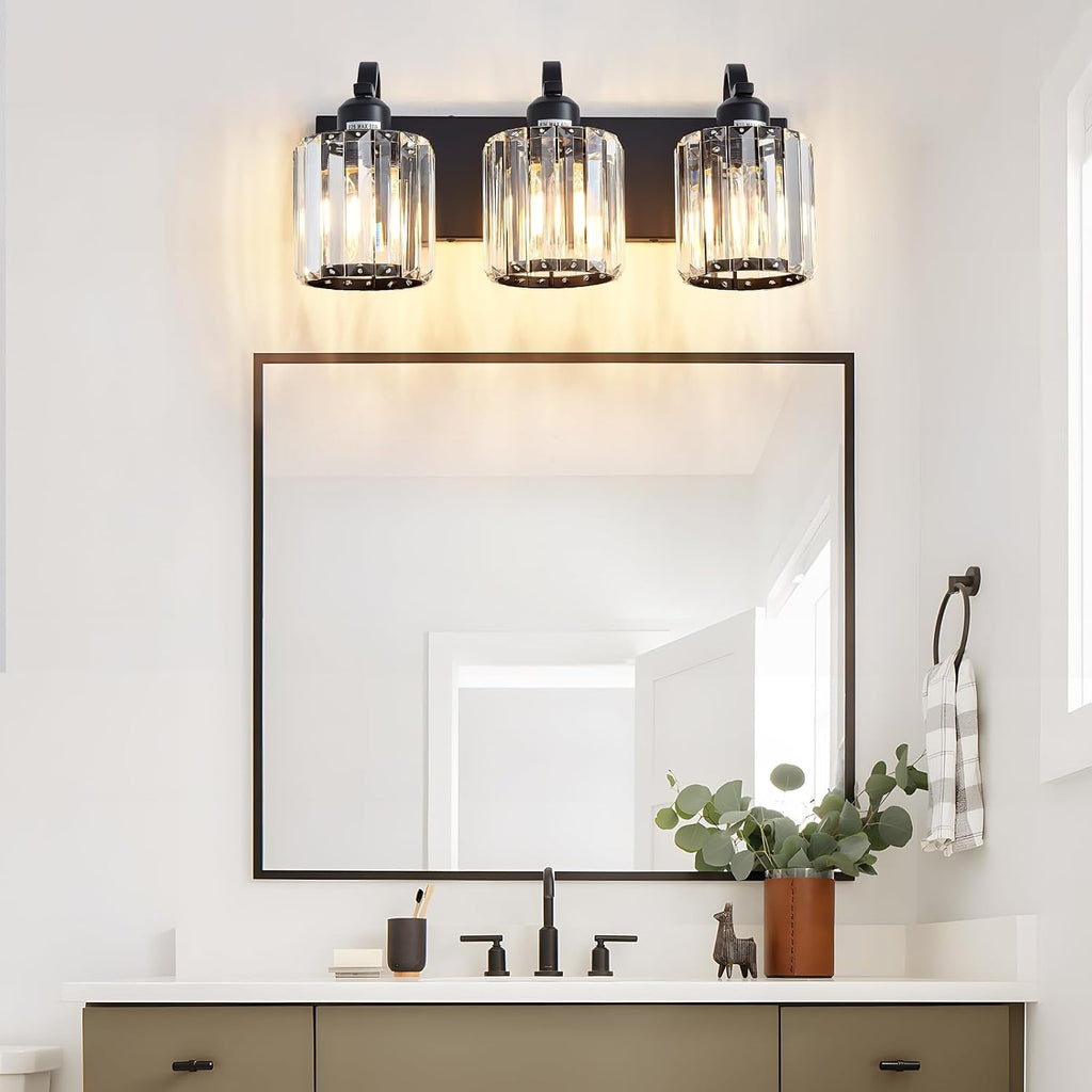 Modern 3-Lights Black Bathroom Vanity Light, Crystal Bathroom Lights Over Mirror, Modern Wall Lighting Fixtures with