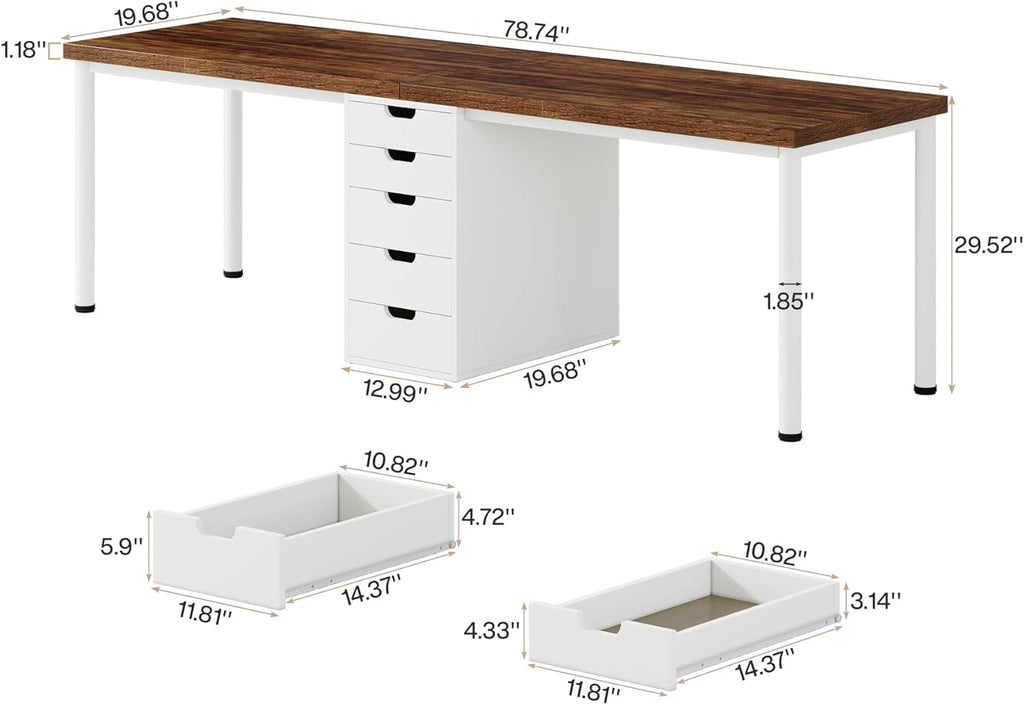 Two Person Computer Desk with 5 Drawers, 78.7 Inches Extra Long Double Office Desk