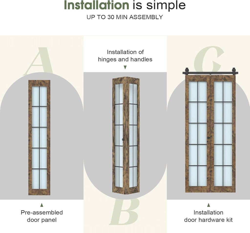 Preassembled Bifold Barn Door 30 x 84 in,Double 15 x 84 in Solid Wood & Grid Glass Panels, Bi-Fold B