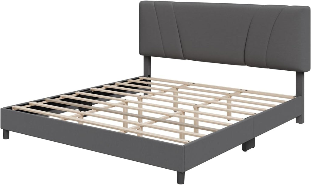 King Bed Frame and Headboard, Linen Upholstered King Bed Frame with Wood Slats Support, No Box Spring Needed