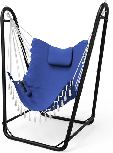 Hammock Chair with Stand, 350 lbs Swing Chair for Indoor Outdoor | U-Shape Anti-Tip Base, Steel Frame,Cotton Chair