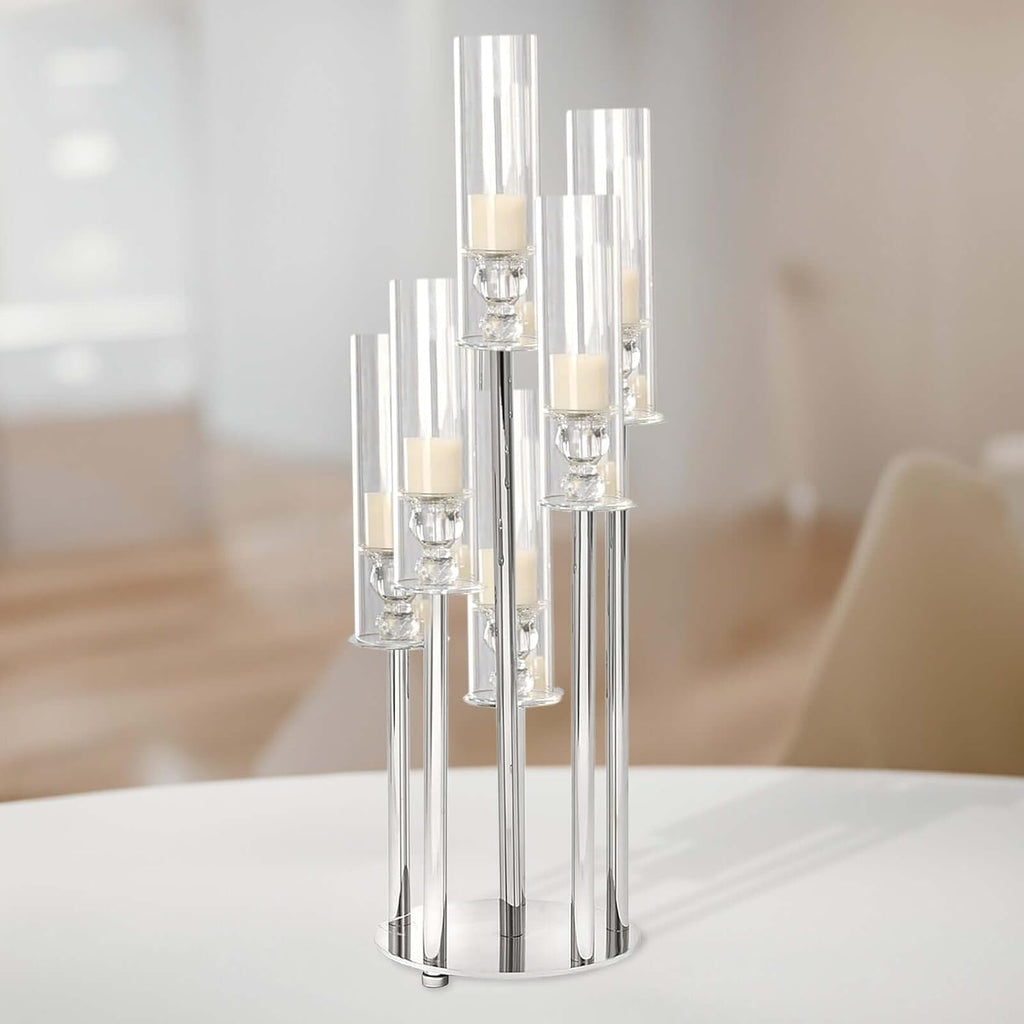 Efavormart 33" Tall - 7 Arms Clear Crystal Cluster Round Candelabra, Pillar Candle Holders with Mirror Base - Perfect