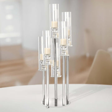 33" Tall - 7 Arms Clear Crystal Cluster Round Candelabra, Pillar Candle Holders with Mirror Base - Perfect