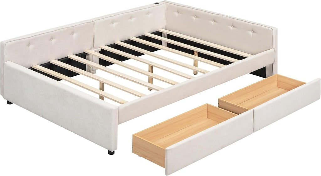 Queen Corner bedframe with Twin Twin Trundle and USB,Upholstered daybed, L-Shape daybed Living Room, Beige + Linen