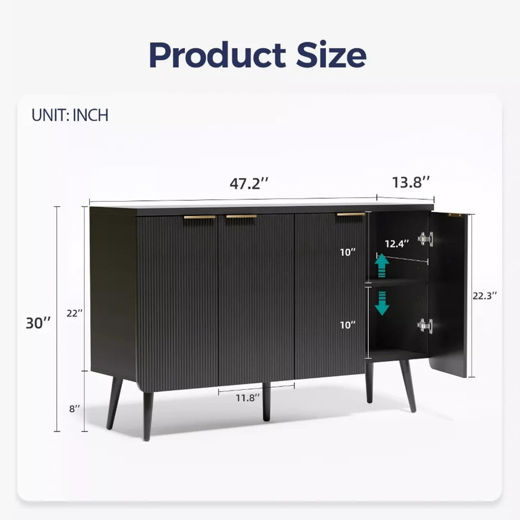 47.2" Modern Fluted Sideboard Cabinet with 4 Doors, Wood Storage Credenza with Shelves