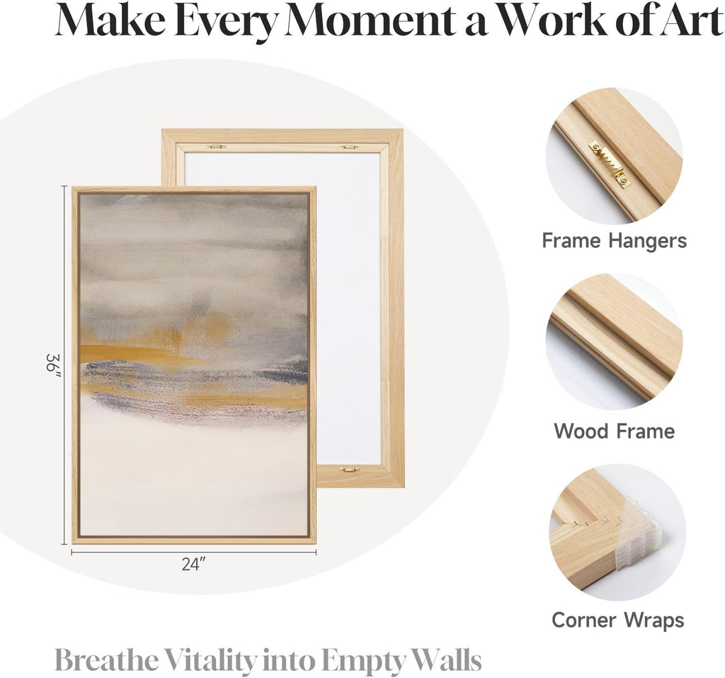Framed Large Neutral Abstract Wall Art, Set of 3 Canvas Modern Prints Paintings, Minimalist Landscape Beige Gray