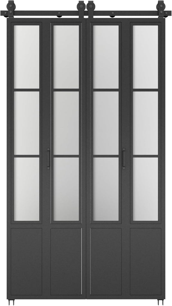 48 in. x 84 in. 3/4 Lites Frosted Glass Black Steel Frame Double Bi-Fold Barn Doors with Hardware Ki