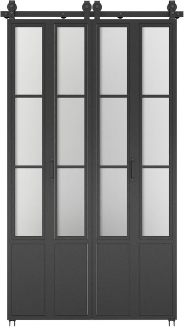 48 in. x 84 in. 3/4 Lites Frosted Glass Black Steel Frame Double Bi-Fold Barn Doors with Hardware Ki