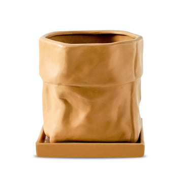 6 Inch Ceramic Plant Pot with Drainage & Square Saucer, Terracotta