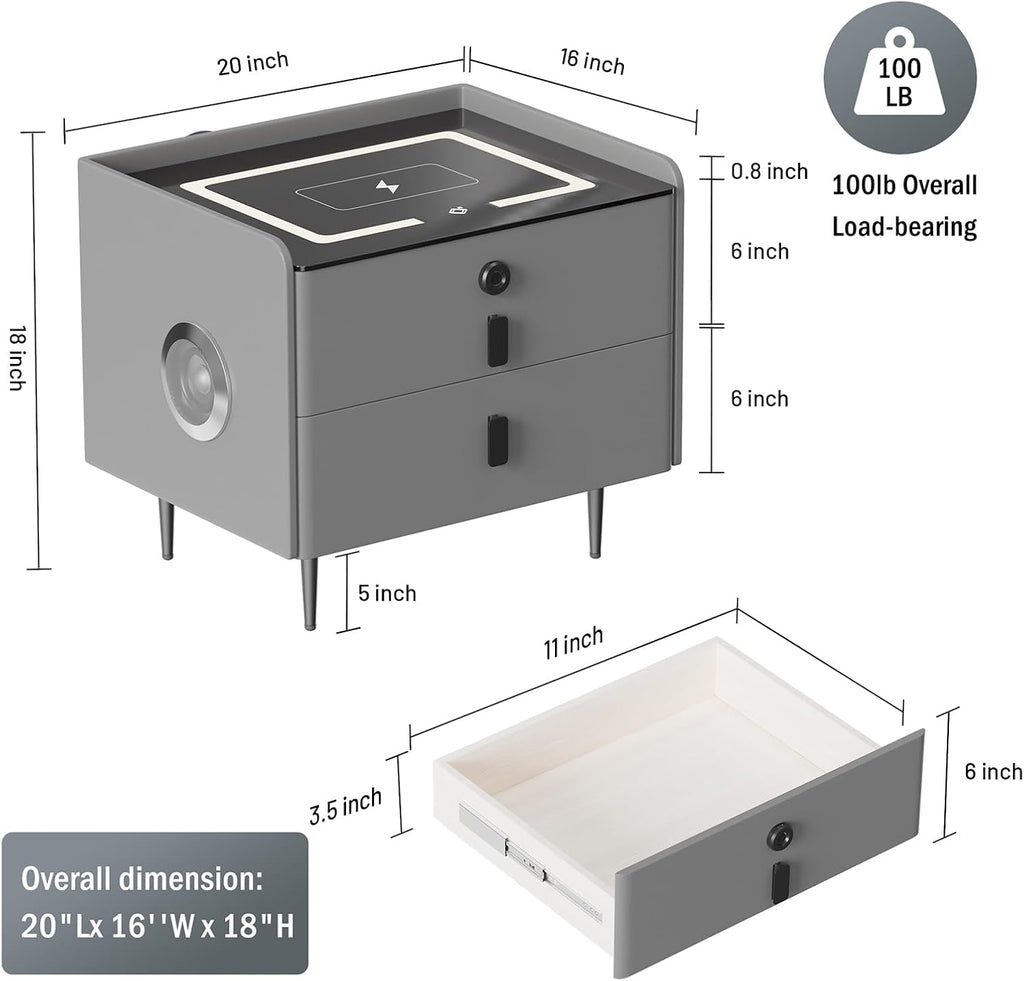 Smart Nightstand Wireless Charging, Modern Nightstand with Fingerprint Locking Drawer, 2 USB & LED Lights Bluetooth