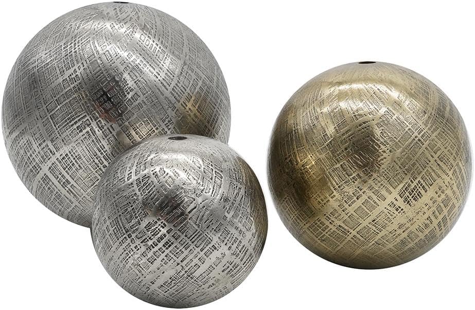 Set of 3 Aluminum Decorative Spheres - Handcrafted Metallic Textured Orbs, Different Sizes, Decor, Tabletop Accent