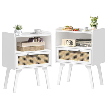 Rattan Nightstands Set of 2, Bedside Table with Drawer Open Shelf