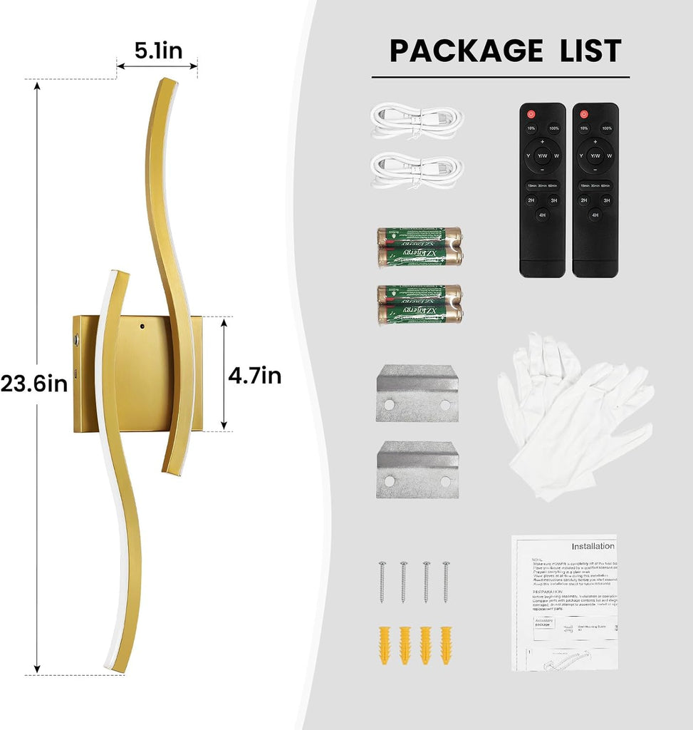Gold Battery Operated Wall Sconces: 23.6 Inch Rechargeable Wall Sconce Set of 2 with Remote Control/3 Colors/10-100%