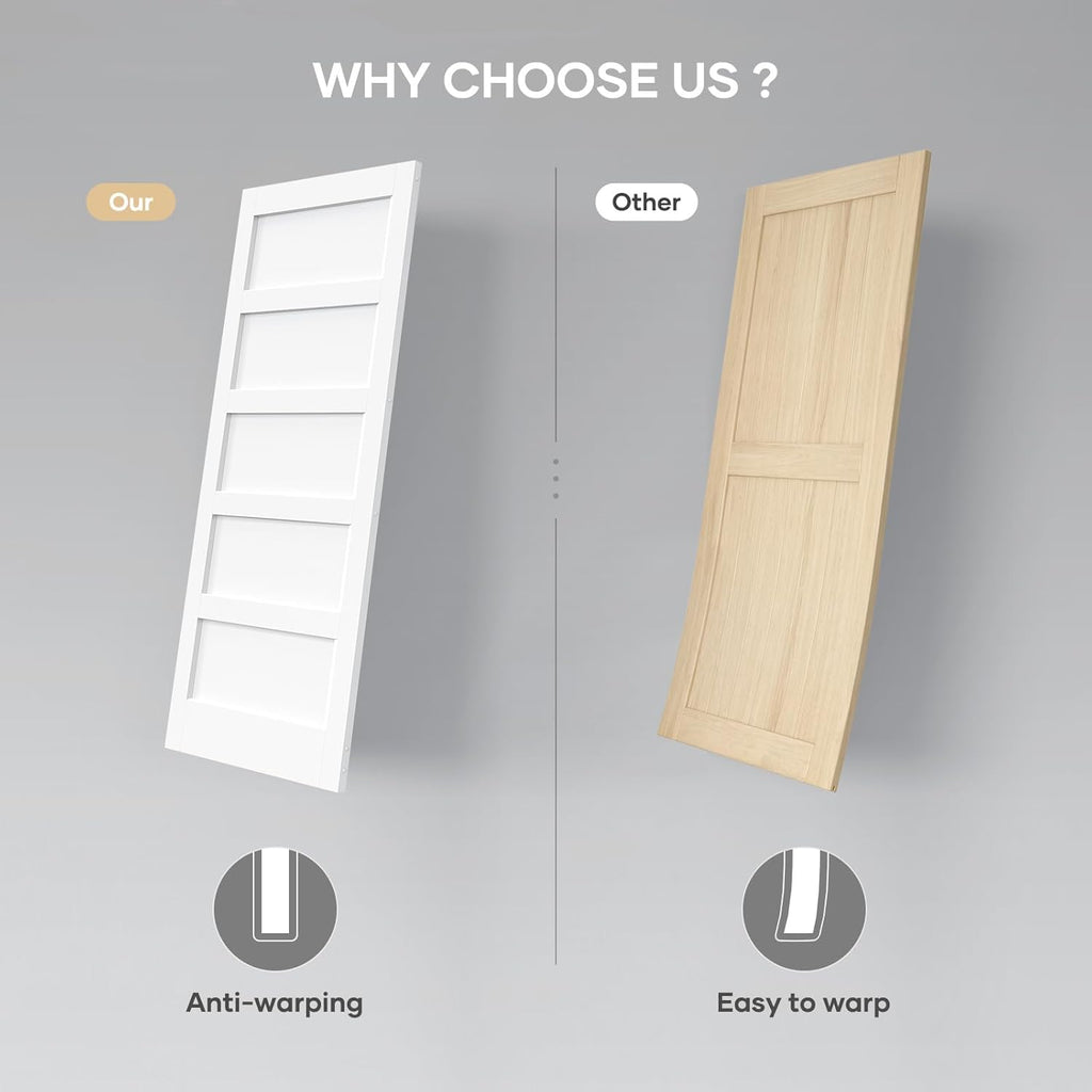 30x96 Inch White Sliding Barn Door Slab with 5.5ft Hardware Kit Included, 5-Panel, MDF Wood Panel Co