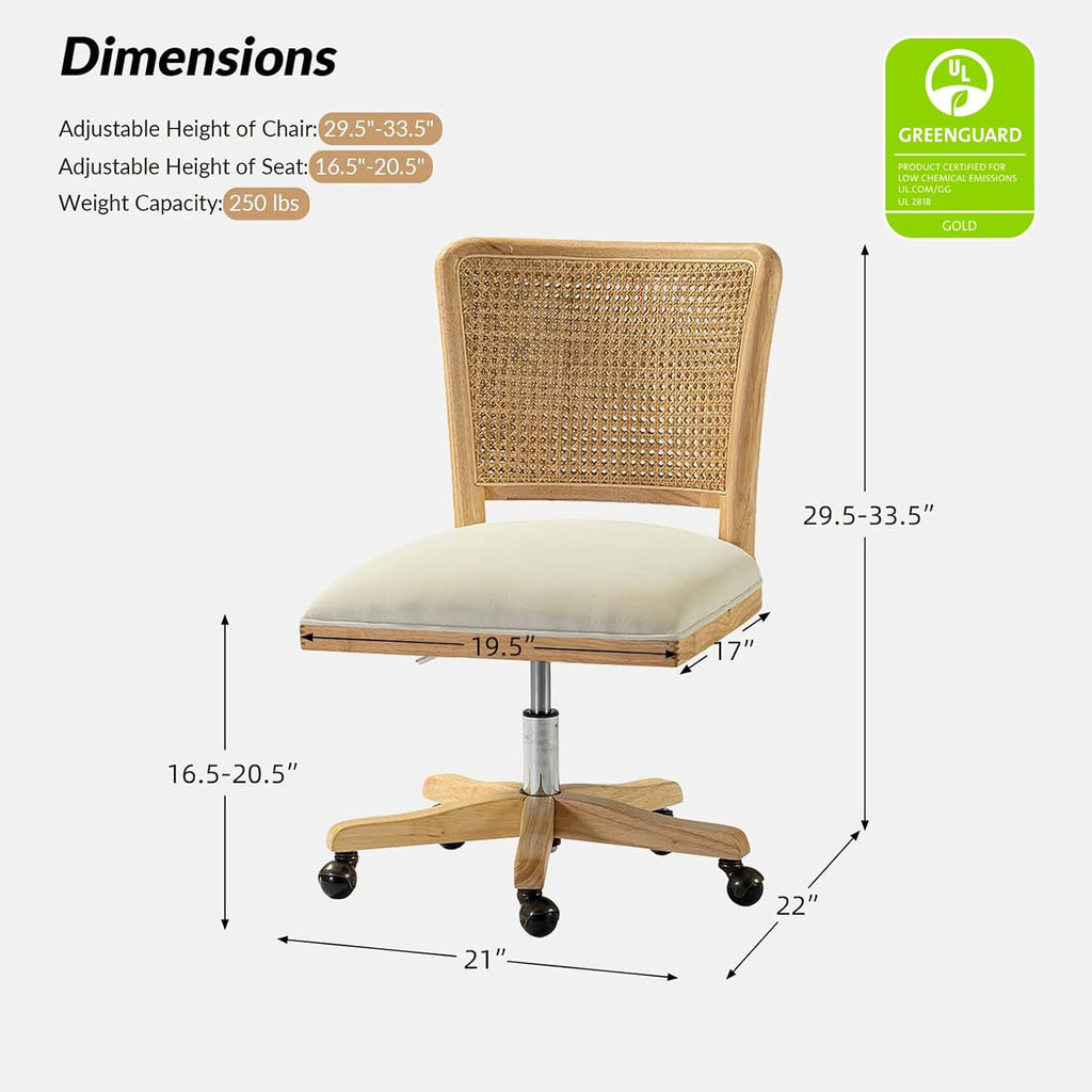 Modern Home Comfortable Upholstered Armless Desk Chair, Adjustable Swivel Rolling Computer Chair with Rattan Mid-Back