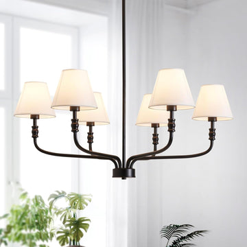 Black Farmhouse Chandelier for Dinning Room, Modern Pendant Lighting Fixture for Living Room, Entryway, 6-Light wiht White Fabric Shades, H40 x D30 x W30