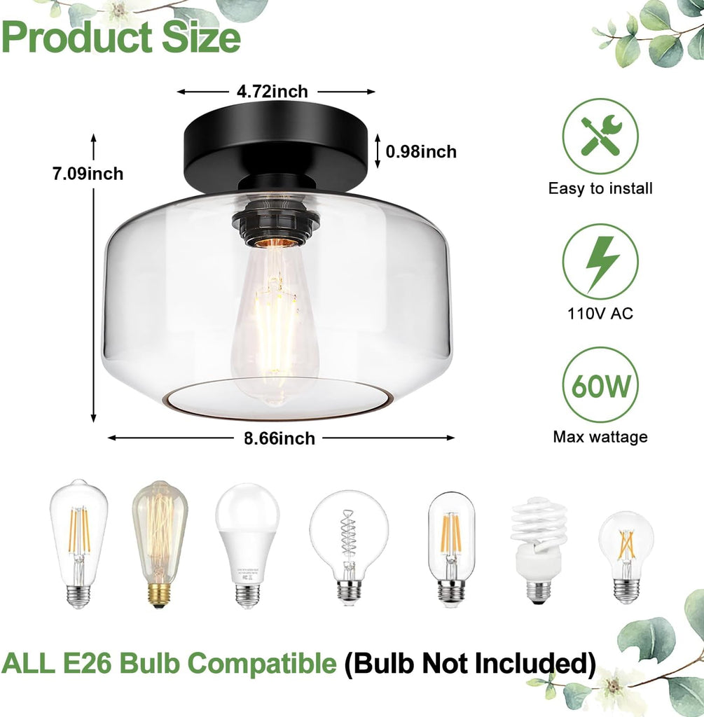 Industrial Semi Flush Mount Ceiling Light Black, Clear Glass Shade Ceiling Light Fixture, Farmhouse Light Fixtures