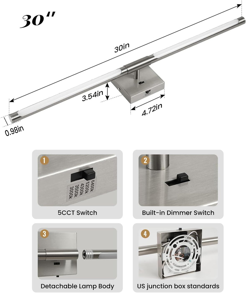 Brushed Nickel Vanity Light Fixtures Over Mirror 30 inch LED Bath Sconces IP44 5CCT Adjustable Morden Picture Lights