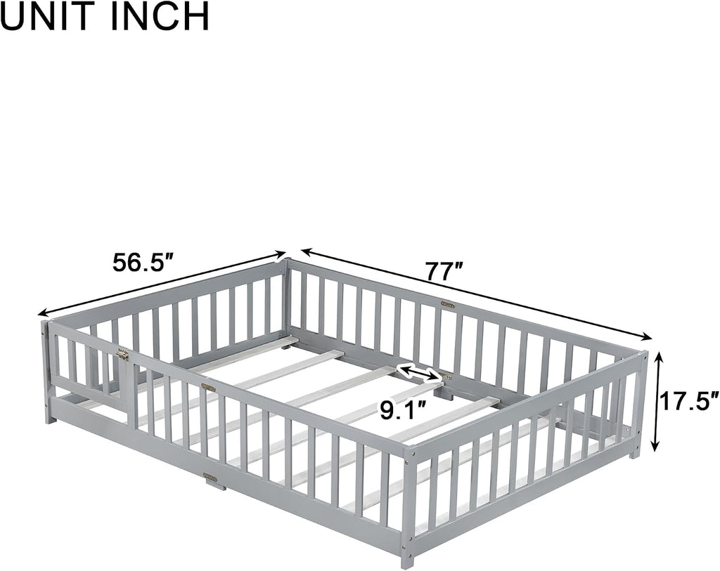Full Size Montessori Floor Bed with Slats, Door and Guardrails, Gary | Low Profile Montessori Bed with Fence, Easy