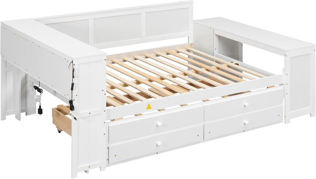 Full Size Daybed with Storage Shelves,Drawers,Trundle,Charging Station,LED Light,Desk and Cabinet, White