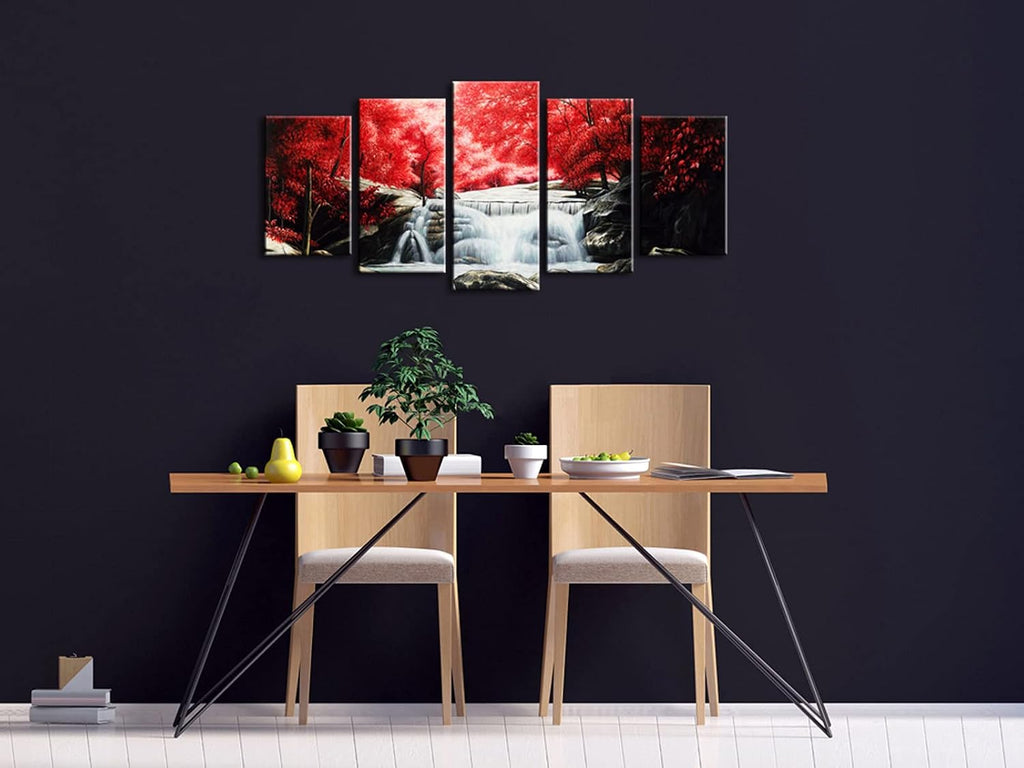 Red Forest Waterfalls 5 Piece Canvas Prints Wall Art for Living Bedroom Room Home Decorations Modern Gallery Wrapped