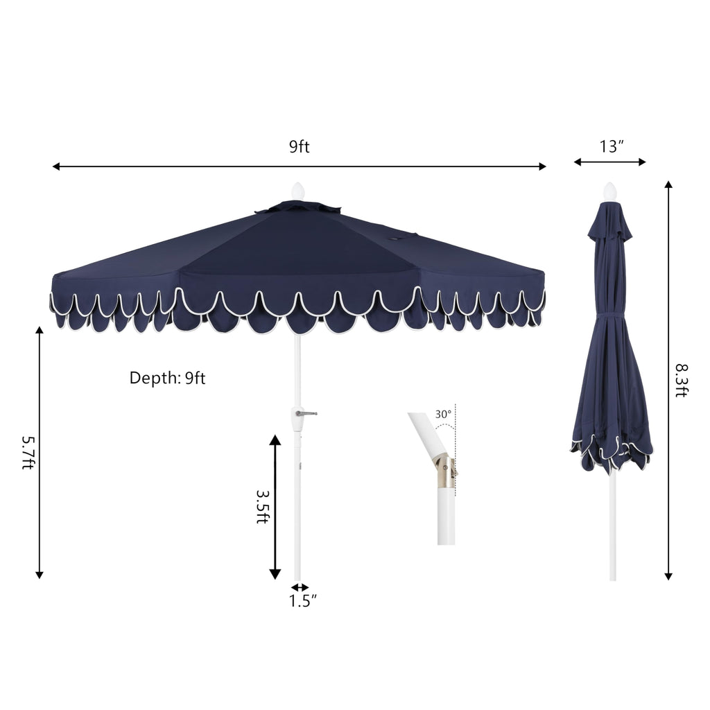 Tracy 9' Scalloped Market Patio Umbrella, Navy/White