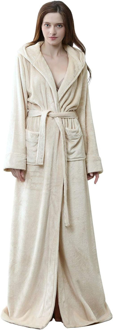 Women Hood Plush Robes: Full Long Fluffy Fleece Warm Bathrobes | Soft Hooded Floor Length Bath Robes With Belt And