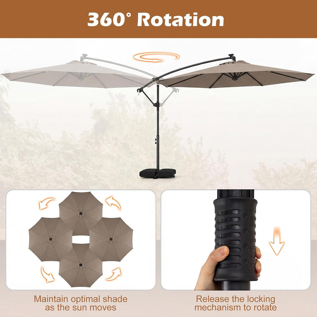10ft Solar Patio Umbrella with Base Included, Offset Cantilever Outdoor Umbrella with 32 LED Lights