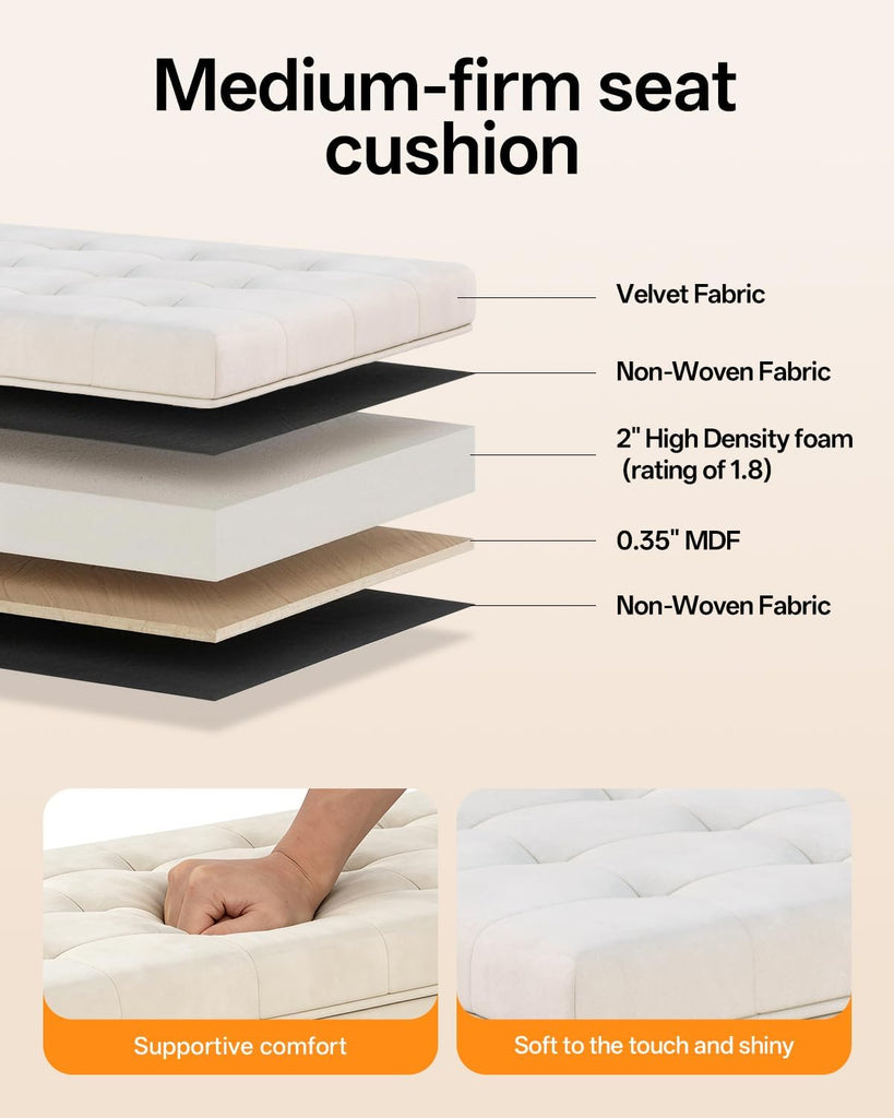 Velvet Storage ottoman bench with legs,43.5"W x 15.7"D x 15.7"H,metal frame end of bed bench hold up to 770 LB,Large