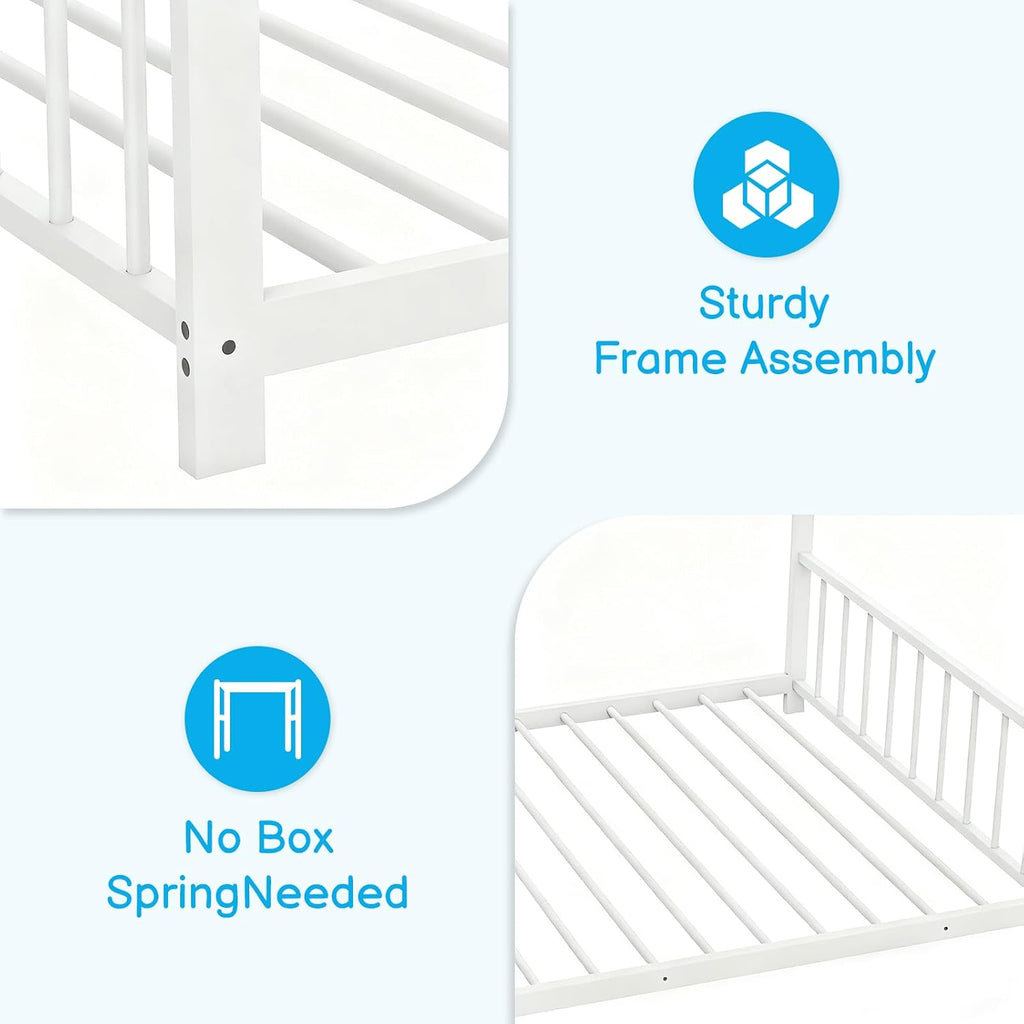 Twin Size Metal Toddler Floor Bed with Slats & Fence, White | Metal Montessori Bed, Roof/House/Canopy Bed Frame for