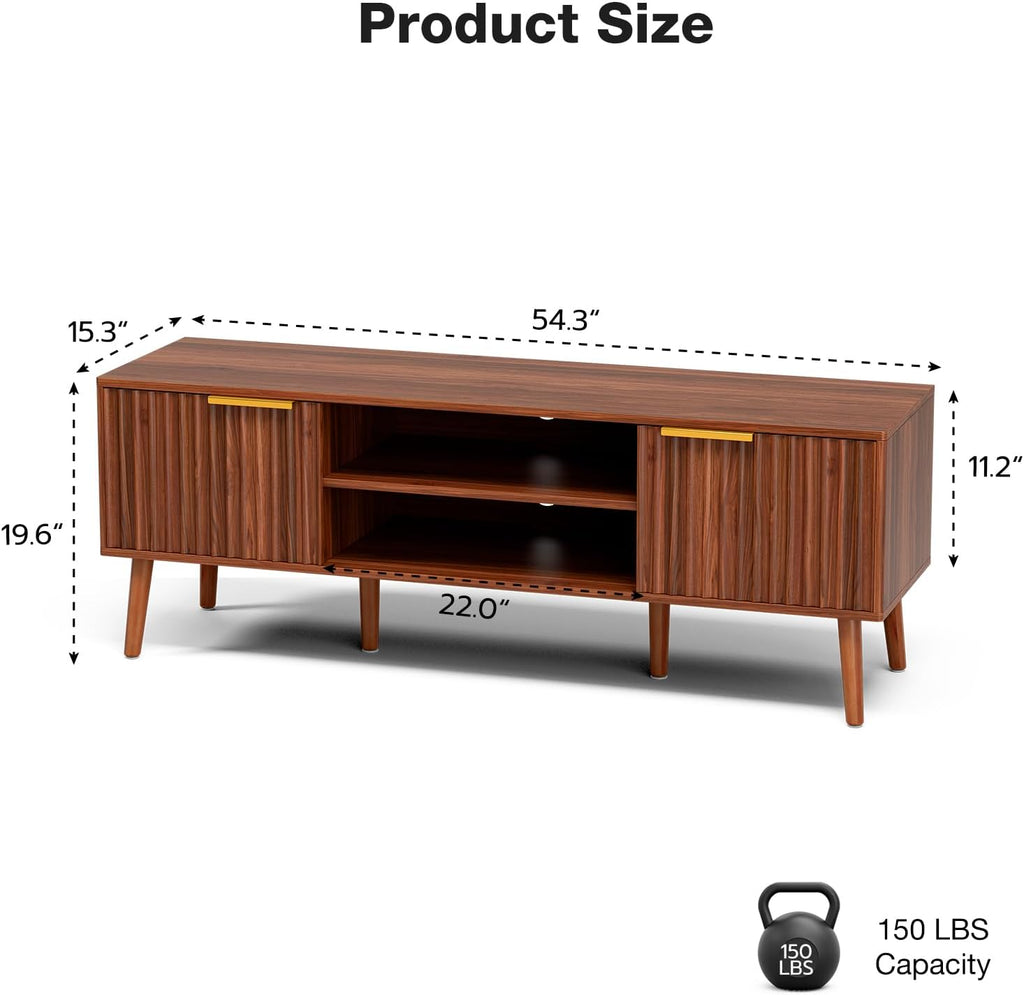TV Stand with Fluted Doors for TVs up to 65", Mid-Century, Walnut | 54.3"W 15.3"D 19.6"H, 150 lbs capacity, 2 fluted