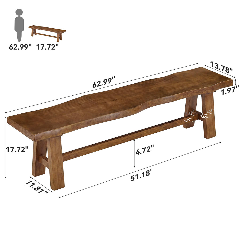 Solid Wood Entryway Bench, 63" Long Bed Bench with Angled Legs, Farmhouse Seating Benches, Rustic Brown