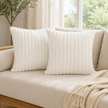 Faux Fur 26x26 Throw Pillow Covers Striped Cream
