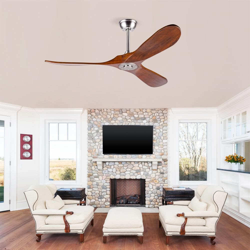 52 Inch Outdoor Ceiling Fan with Remote Control - Solid Wood 3 Blade, Water Resistant, Walnut