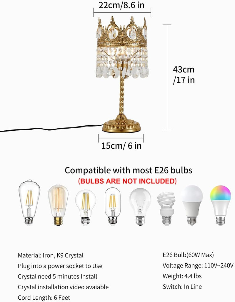 Vintage Gold Crown Shape Crystal Table Lamp, Small Bedside Nightstand Lamp