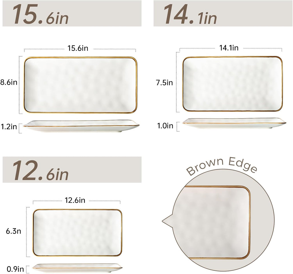 Ceramic Rectangle Serving Platter with Brown Rim: 15.6/14.1/12.6 Inch Large Serving Dishes for Entertaining Party