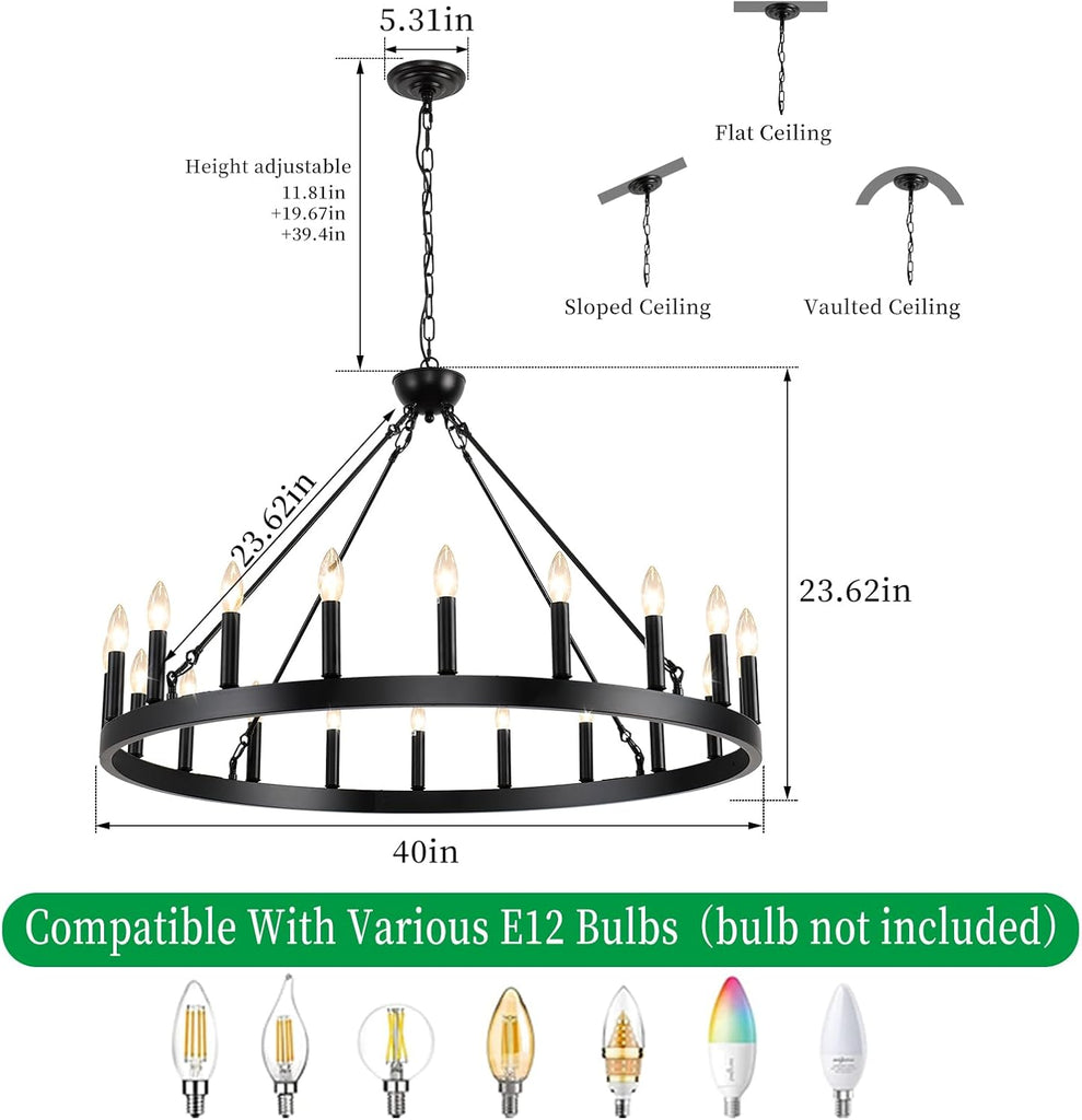 Inspired Camino Style Chandelier - Wagon Wheel Chandeliers 40“ 20-Light, Black Modern Farmhouse Chandelier with Adjustable Height, Hanging Island Light Fixture for Dining Living Ceiling Room Outdoor