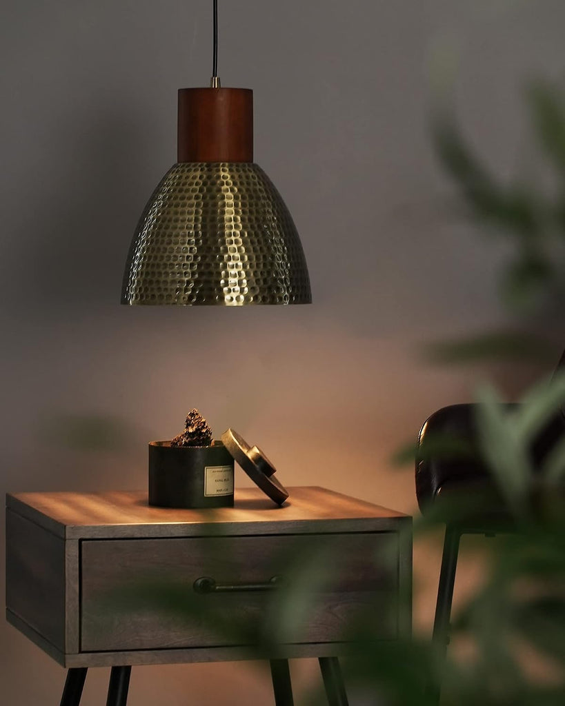 2 Pack Hammered Pendant Light Fixtures, 10.2" Vintage Metal Solid Wood Hanging Bar Lamp, Mid Century Antique Gold
