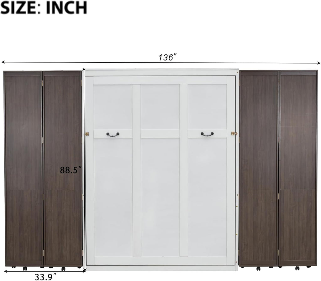 Folding Hidden Queen Murphy Bed Cabinet with Storage Bookcase Bookshelf, Wood Murphy Wall Bed with Storage Shelves