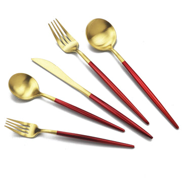 Luxury 18/10 Red Handle Flatware Gold Silverware Set 304 Stainless Steel Flatware Cutlery Set| 5-Piece Adaline Royal