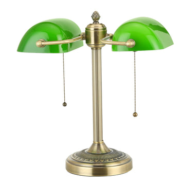 Green Double Head Glass Bankers Desk Lamp, Plug in