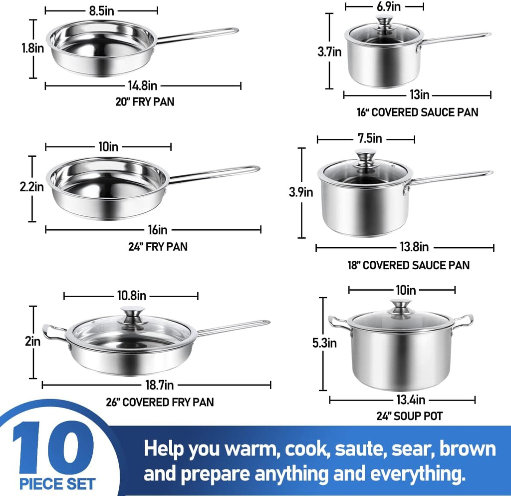 10-Piece Pots and Pans Set, Stainless Steel Cookware Set- Includes Ergonomic Handle Saucepans, Skillets, Dutch Oven