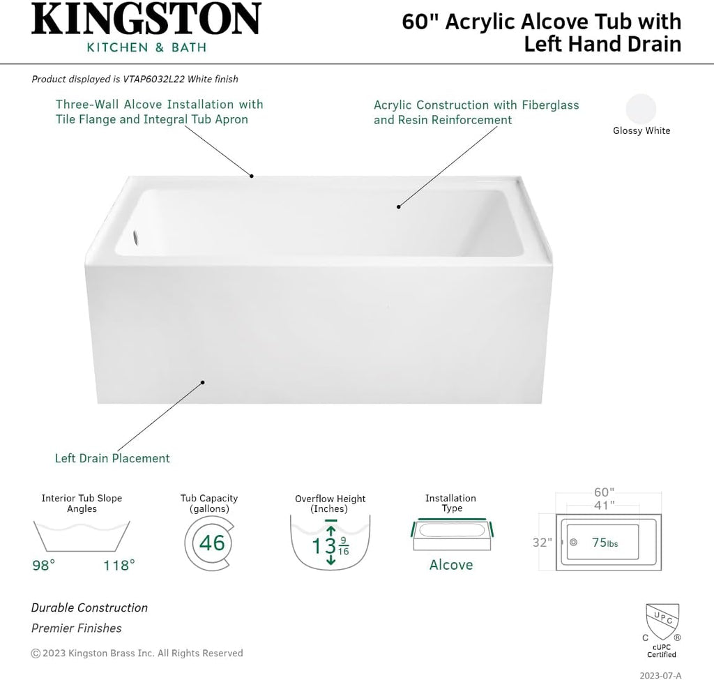 VTDR603022L 60-Inch Acrylic Curved Apron 3-Wall Alcove Tub with Left Hand Drain Hole, White