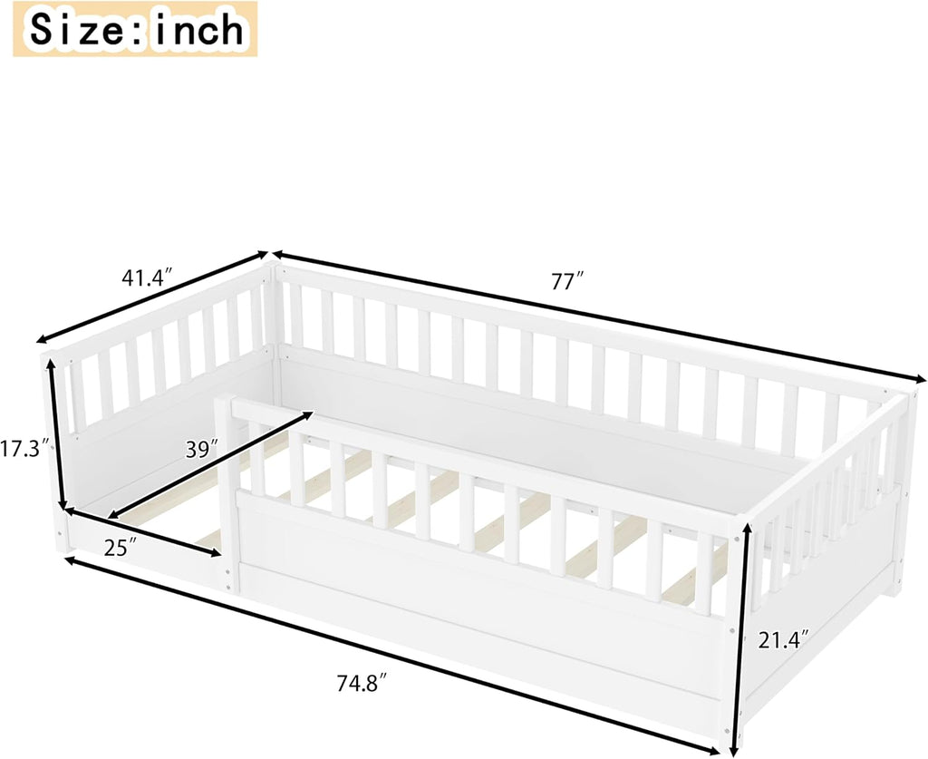 Twin Size Montessori Floor Bed with High Rails, High Rails Floor Bed with Slats and Fence, Easy Assemble Montessori