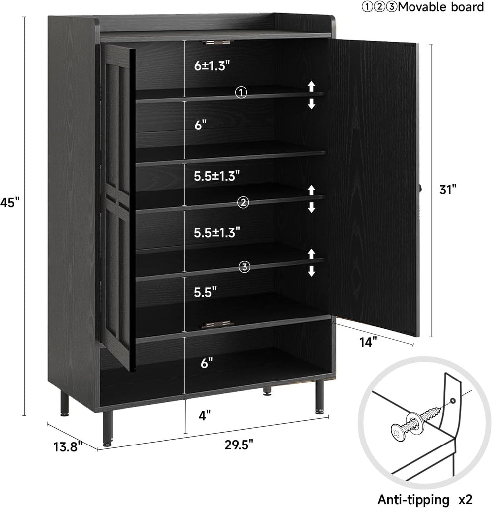 Black 7+1 Tier Farmhouse Shoe Storage Cabinet - 45" Tall Entryway Organizer with Cross Molding Doors, 3 Adjustable