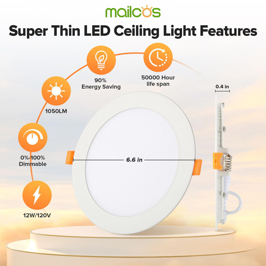 12 Pack 6 Inch 5CCT Ultra-Thin LED Recessed Ceiling Light with Junction Box, 2700K-5000K Selectable, 1050LM High